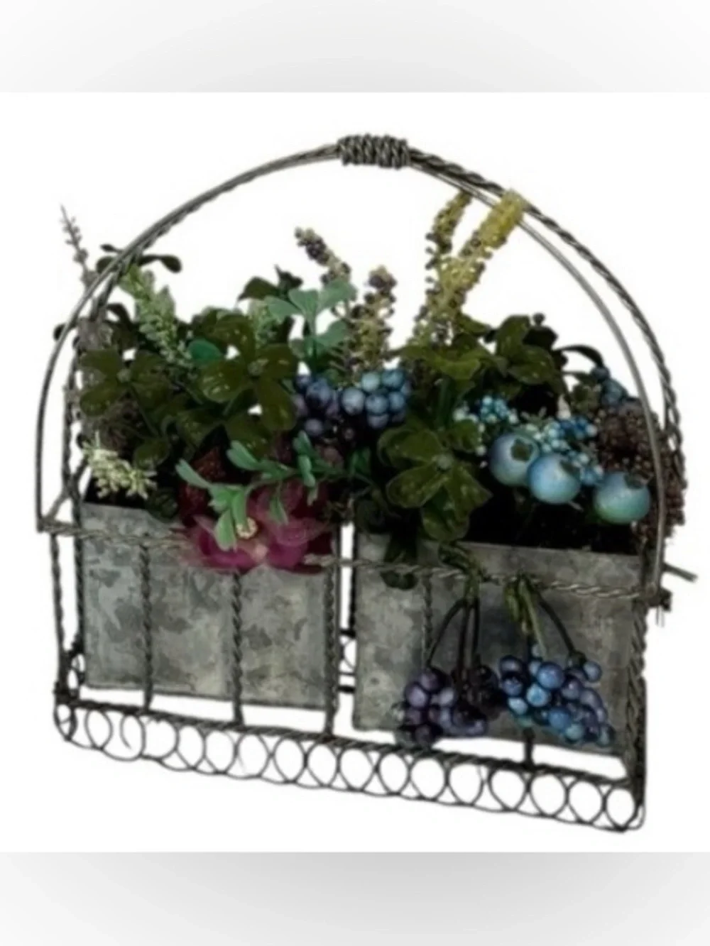 Aged Galvanized Oval Metal Bucket & Handled Floral Basket Set